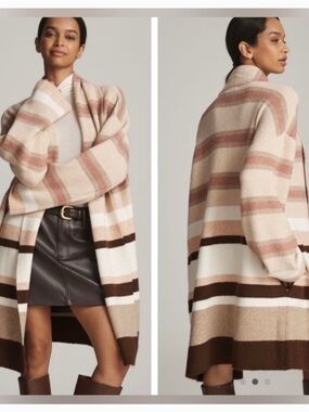 Anthropologie Striped Open-Front Cozy Cardigan Sweater - Cream & Brown one size